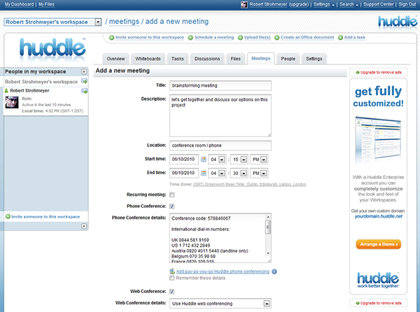 Screenshot of Huddle dashboard, a online collaboration tool for teams.