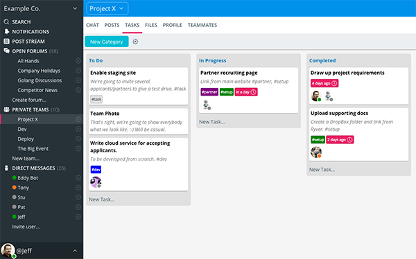 Interface screenshot of Ryver, an online communication tool for business teams.