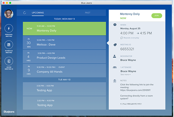 Screenshot of BlueJeans video conferencing tool for team communication.